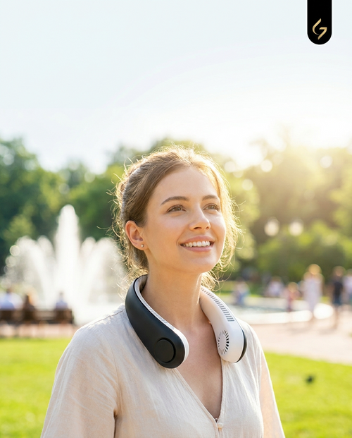 AirFlow Pro bladeless wearable neck fan worn outdoors in summer